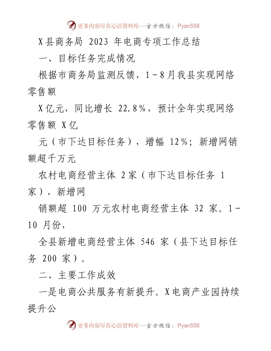 [工作总结] 电商专项工作 - X县2023年电商专项工作总结.docx_第1页