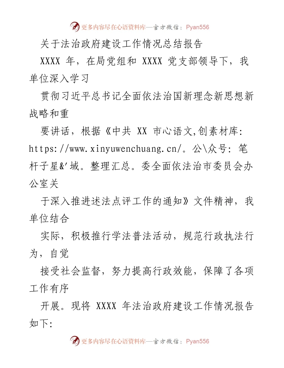 [工作总结] 法治政府建设 - XXXX 年法治政府建设工作情况总结报告.docx_第1页