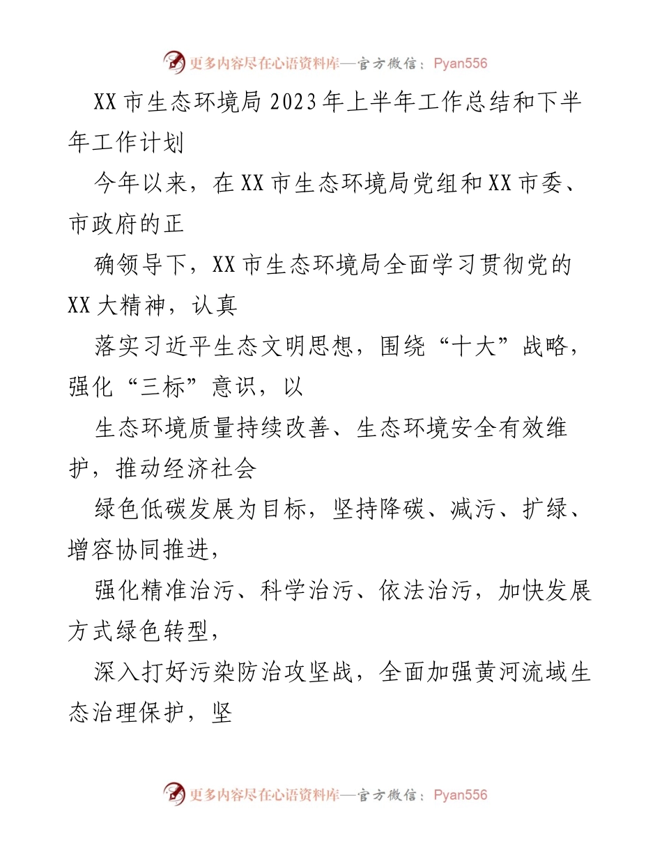 [工作总结] 生态环境局 - 2023年上半年工作总结与下半年工作计划.docx_第1页