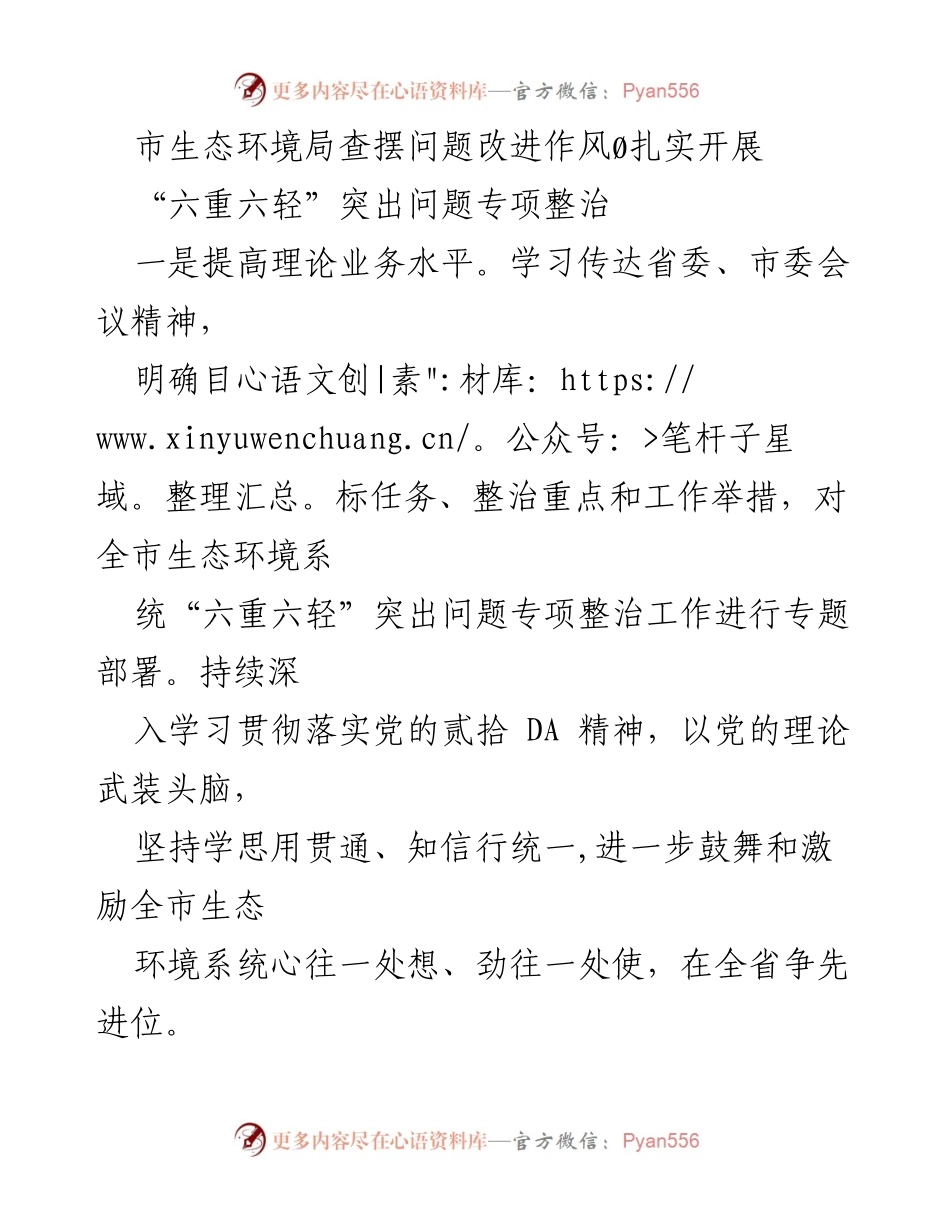 [工作总结] 生态环境局 - 扎实推进“六重六轻”突出问题专项整治活动.docx_第1页