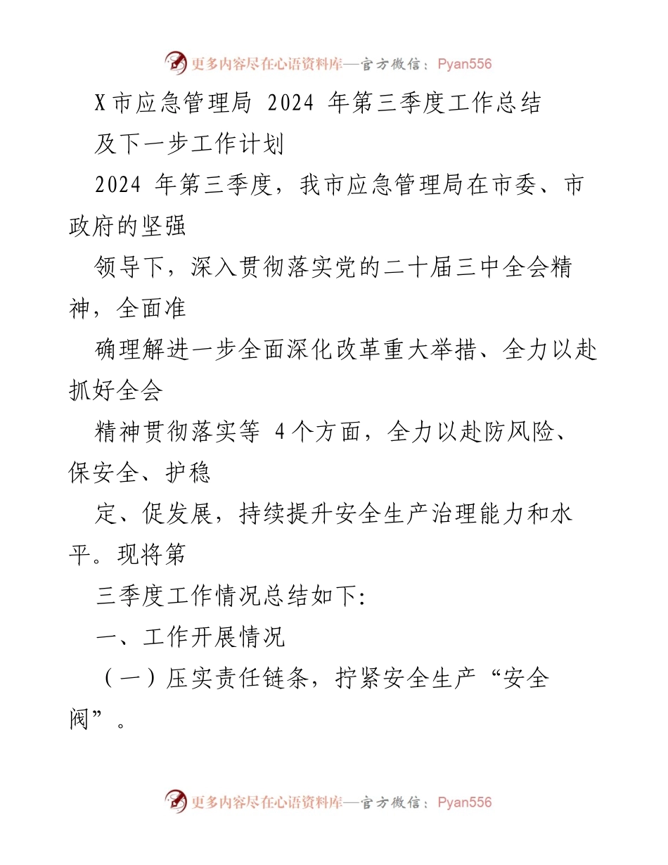 [工作总结] 第三季度 - X市应急管理局2024年第三季度工作总结及下一步工作计划.docx_第1页