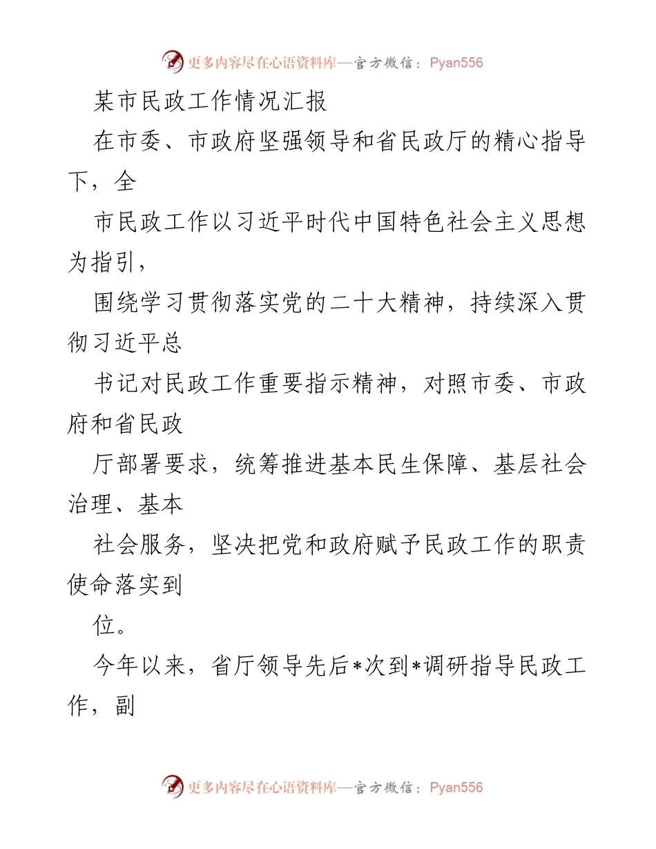 [工作总结] 民政工作汇报 - 某市民政工作情况汇报与落实情况分析.docx_第1页