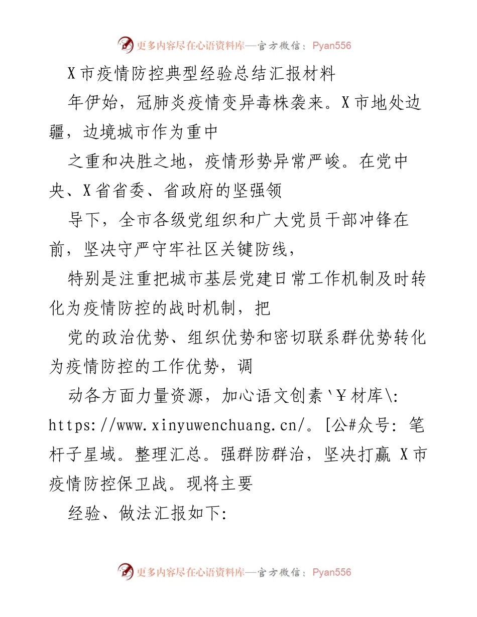 [工作总结] 疫情防控 - X市疫情防控工作经验总结报告.docx_第1页