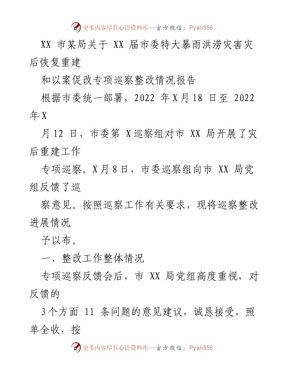 [工作总结] 灾后恢复重建 - XX市某局灾后重建专项巡察整改情况总结报告.docx_第1页