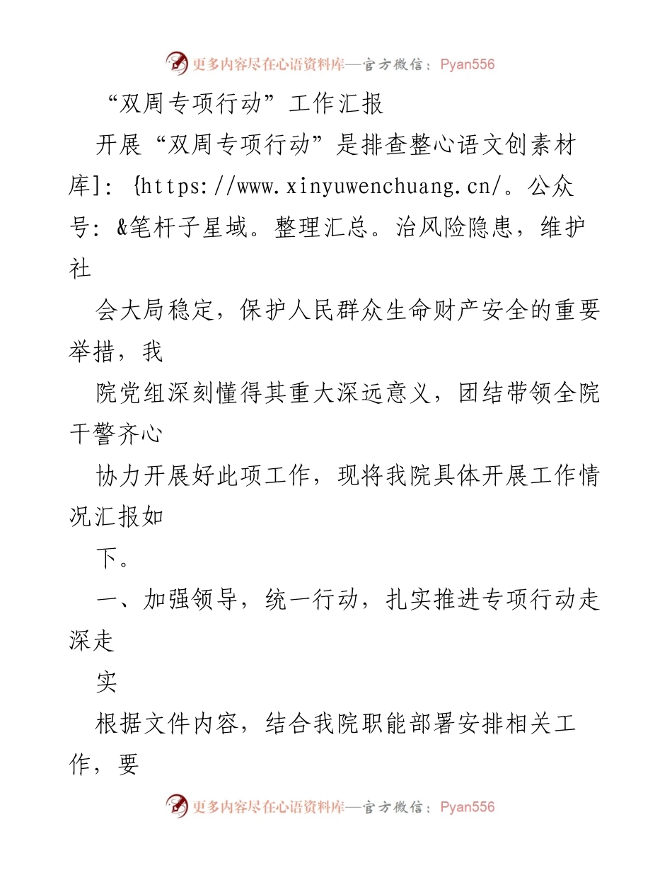[工作总结] 社会安全保障 - “双周专项行动”工作汇报与成效分析.docx_第1页