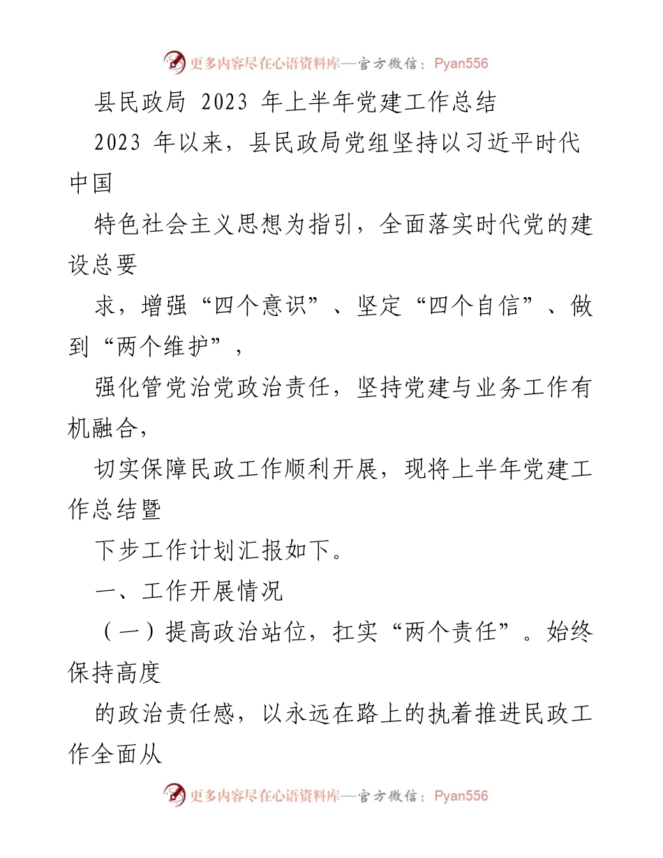 [工作总结] 民政局 - 2023年上半年党建工作总结与计划_1.docx_第1页