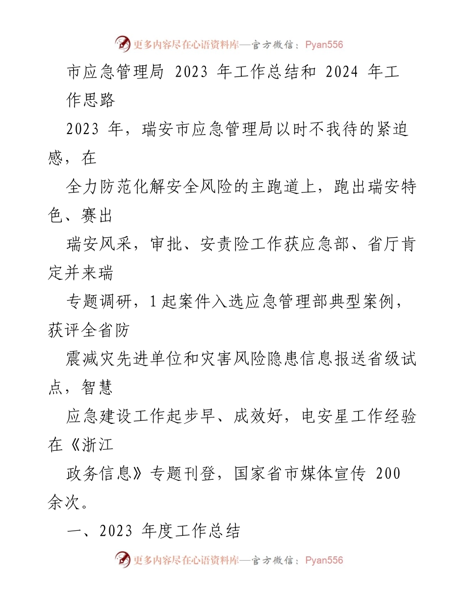 [工作总结] 瑞安市应急管理局 - 2023年工作总结与2024年工作思路概述.docx_第1页