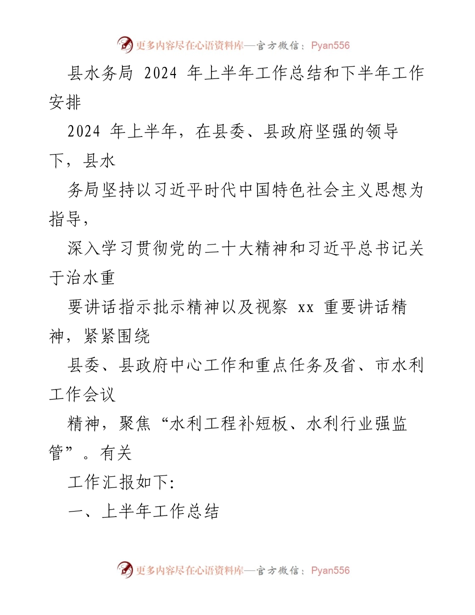 [工作总结] 水务局 - 2024年上半年工作总结与下半年工作安排.docx_第1页