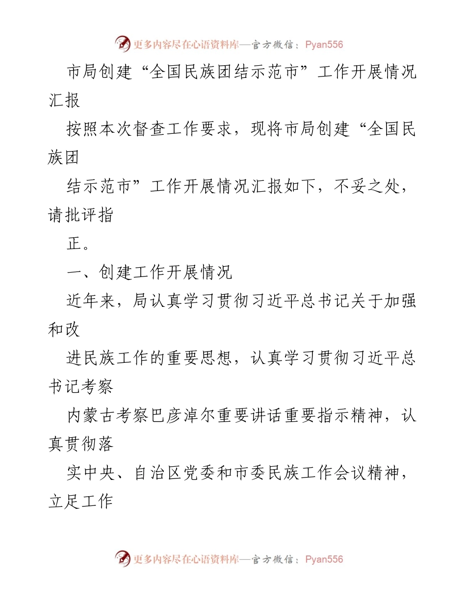 [工作总结] 民族团结示范市创建 - 市局创建全国民族团结示范市工作开展情况汇报.docx_第1页