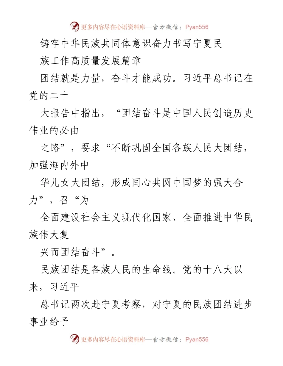 [工作总结] 民族工作会议 - 铸牢中华民族共同体意识，推动宁夏民族事业高质量发展.docx_第1页