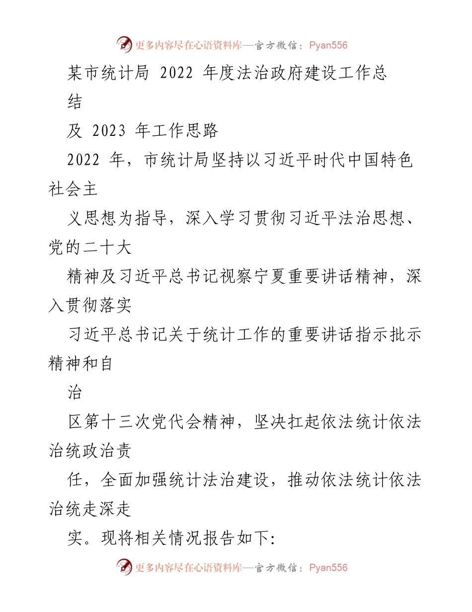 [工作总结] 法治政府建设 - 2022年度市统计局法治政府建设工作总结及2023年工作思路.docx_第1页