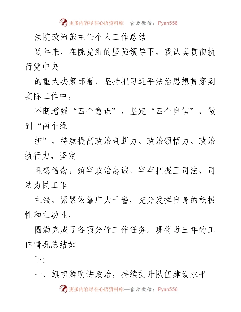 [工作总结] 法院政治部 - 法院政治部主任个人工作总结与提升策略.docx_第1页