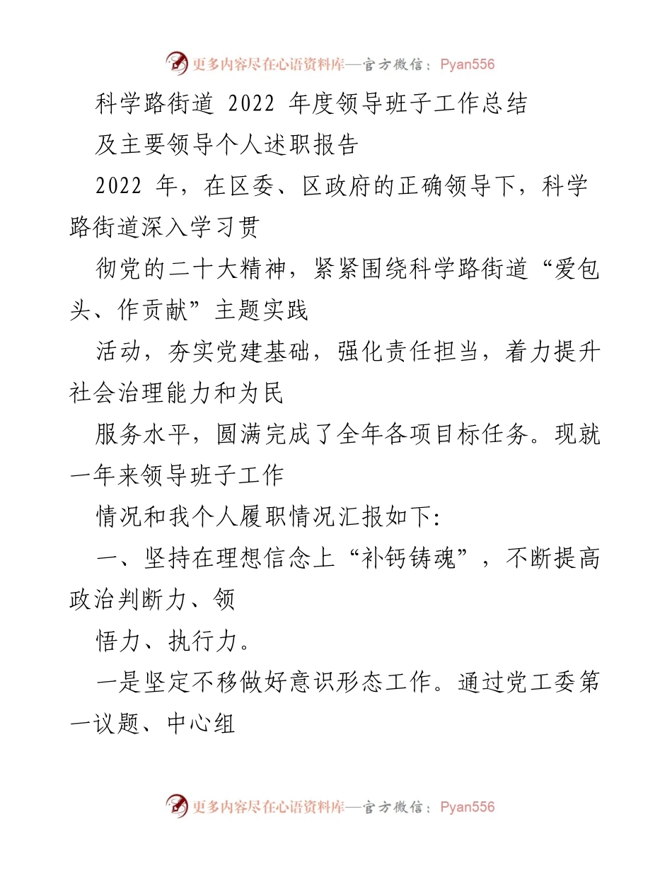 [工作总结] 科学路街道 - 2022年度领导班子工作总结及述职报告.docx_第1页
