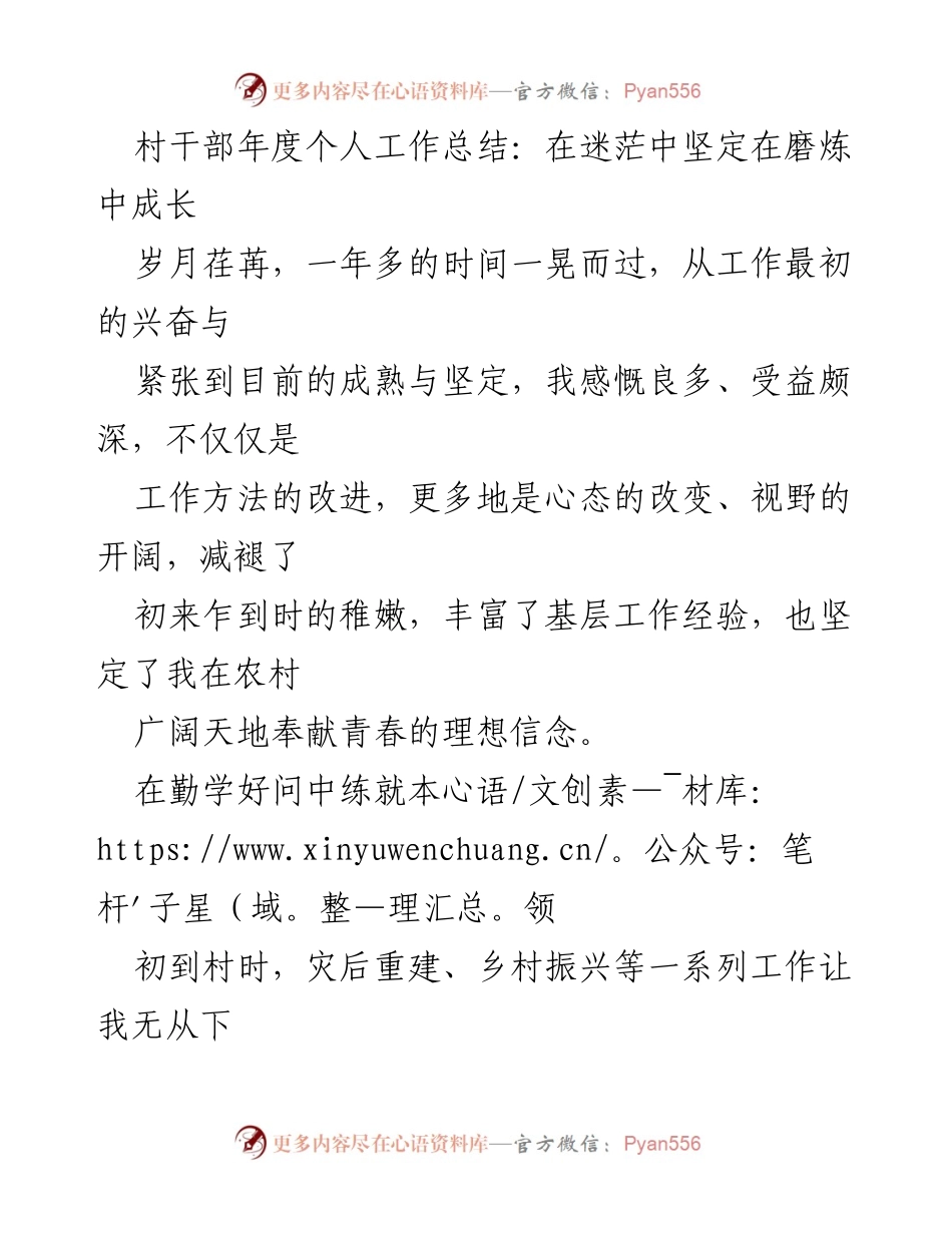 [工作总结] 村干部年度总结 - 在迷茫中坚定，在磨炼中成长.docx_第1页