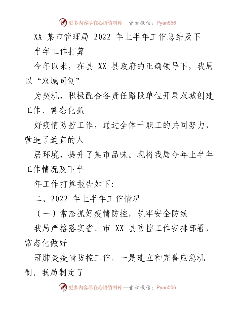 [工作总结] 某市管理局 - 2022年上半年工作总结及下半年工作打算.docx_第1页
