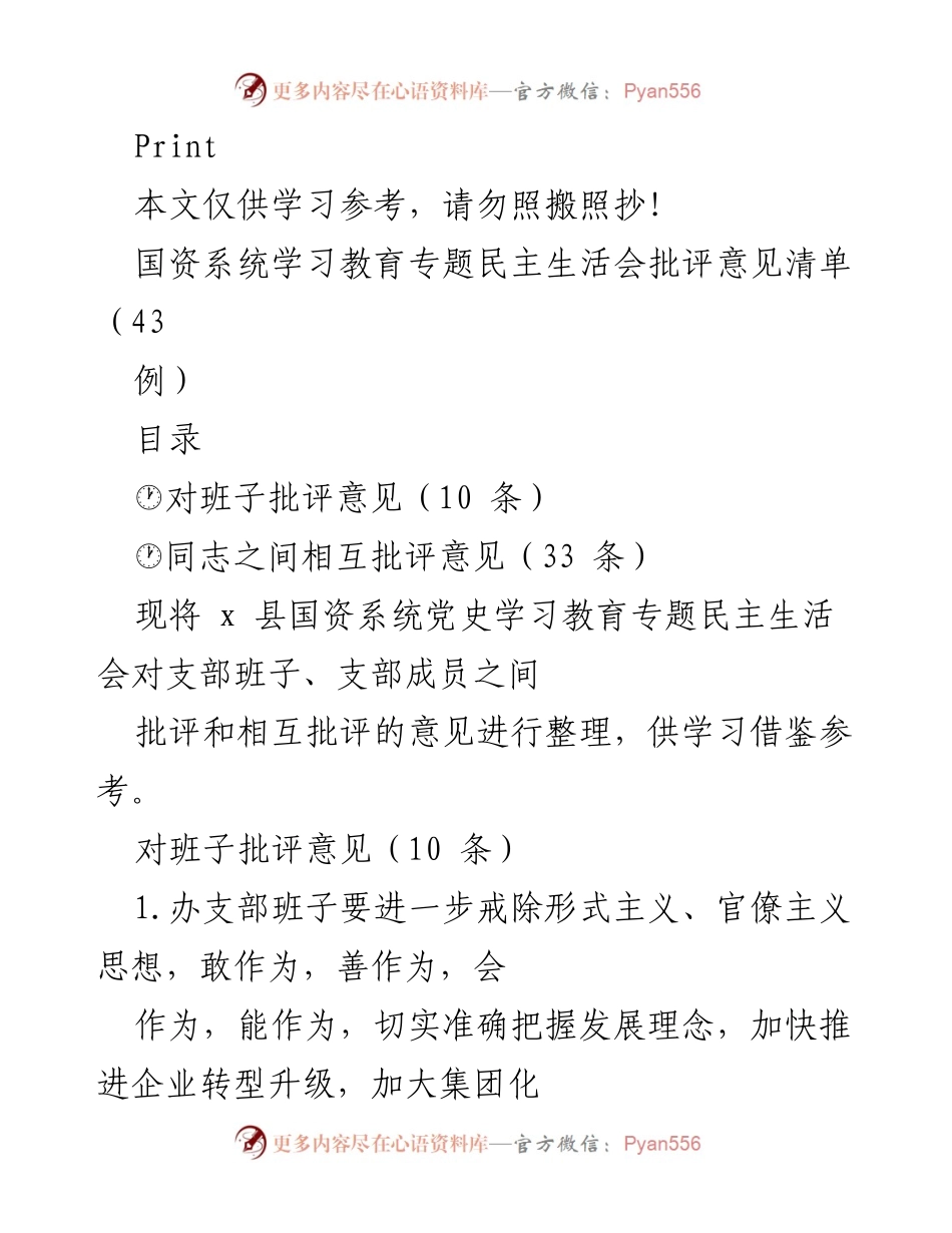 [工作总结] 民主生活会 - 国资系统学习教育专题民主生活会批评意见整理.docx_第1页