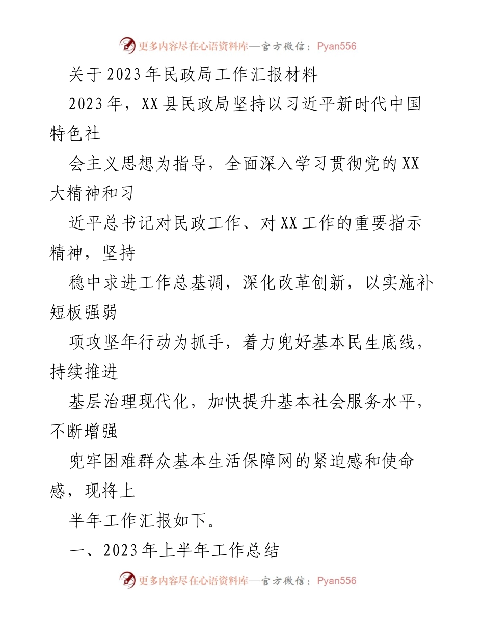 [工作总结] 民政局工作汇报 - 2023年上半年民政局工作总结报告.docx_第1页