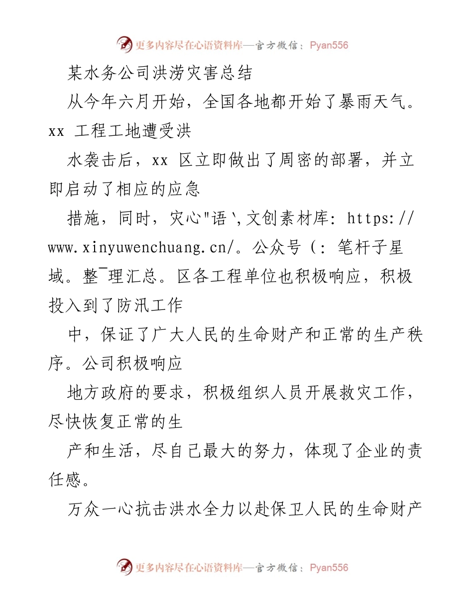 [工作总结] 洪涝灾害应急响应 - 某水务公司洪涝灾害应急工作总结与重建计划.docx_第1页