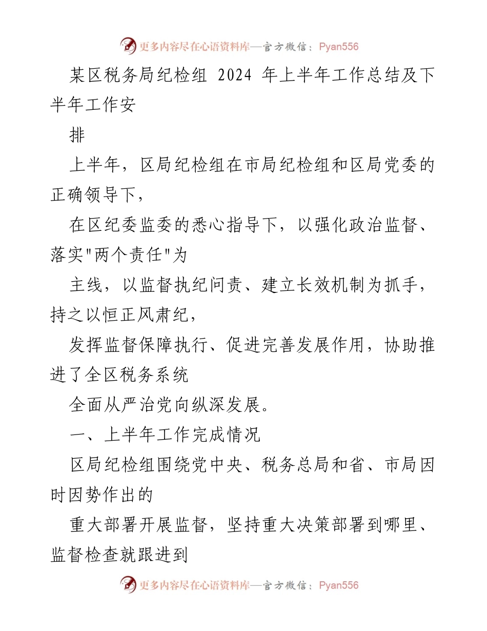 [工作总结] 税务局 - 2024年上半年纪检组工作总结与下半年安排.docx_第1页