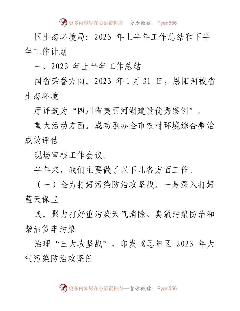 [工作总结] 生态环境局 - 2023年上半年工作总结与下半年工作计划_2.docx_第1页