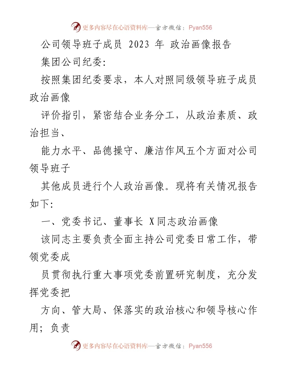 [工作总结] 纪委工作 - 2023年公司领导班子政治画像报告.docx_第1页