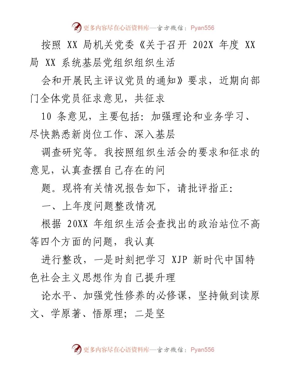 [工作总结] 组织生活会 - 202X年度党组织生活会问题整改及自我剖析报告.docx_第1页