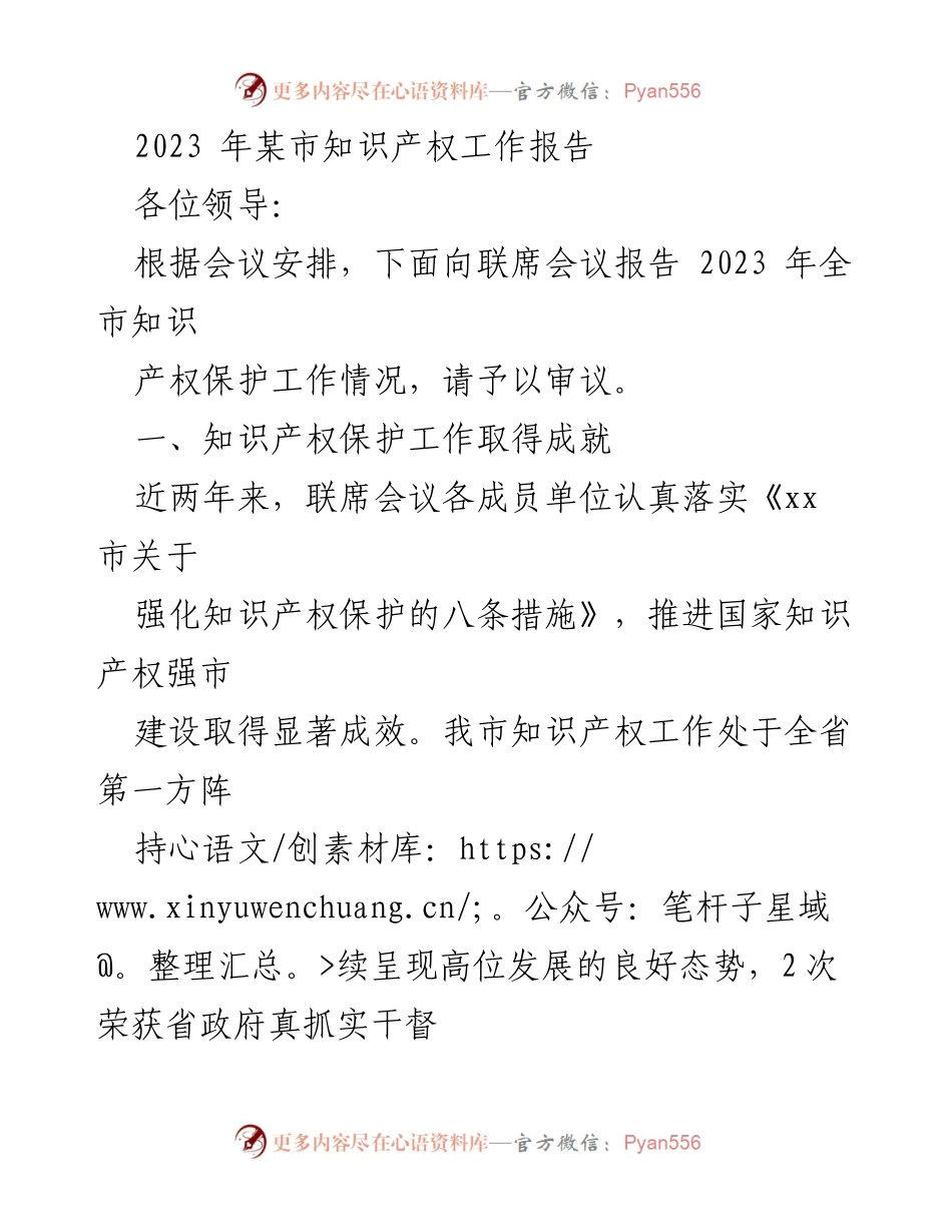 [工作总结] 知识产权保护联席会议 - 2023年某市知识产权工作成就报告.docx_第1页
