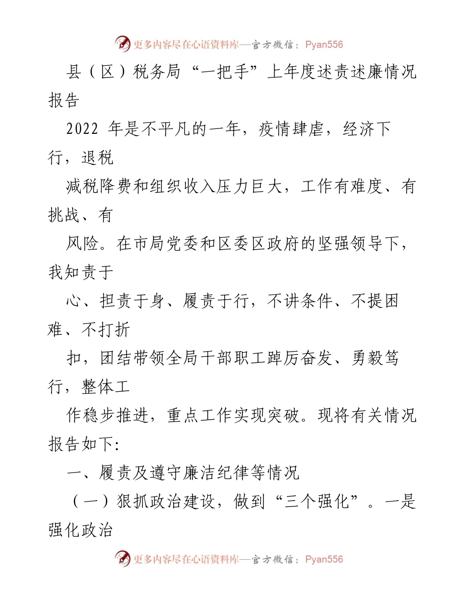 [工作总结] 税务局述责述廉 - 2022年度税务局“一把手”述责述廉情况总结报告.docx_第1页
