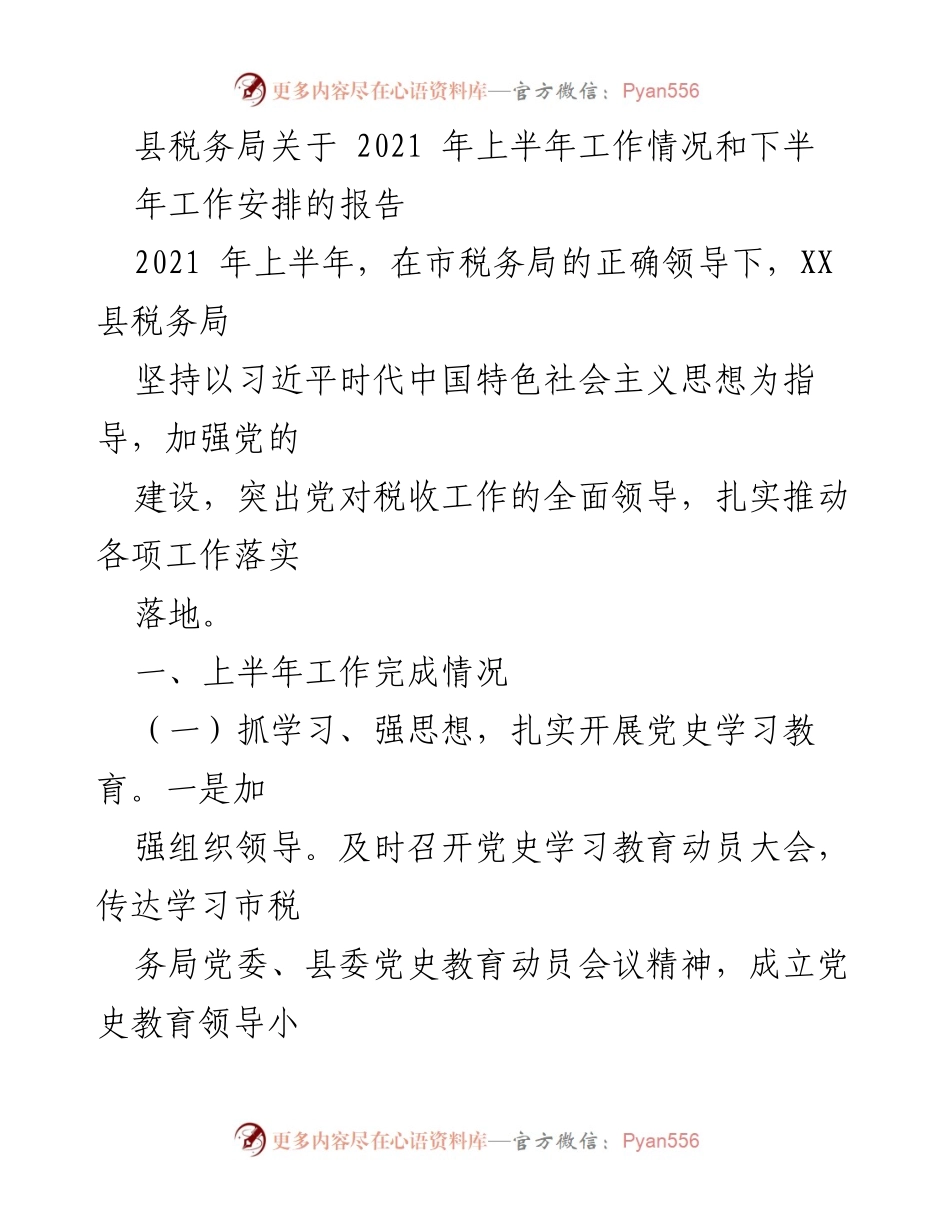 [工作总结] 税务局 - 2021年上半年税务工作总结与下半年工作安排报告.docx_第1页