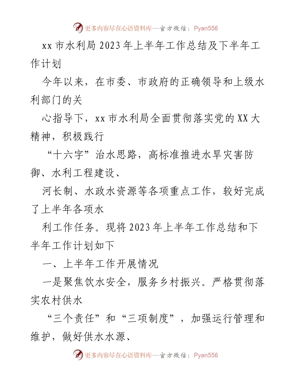 [工作总结] 水利局 - 2023年上半年工作总结与下半年计划.docx_第1页
