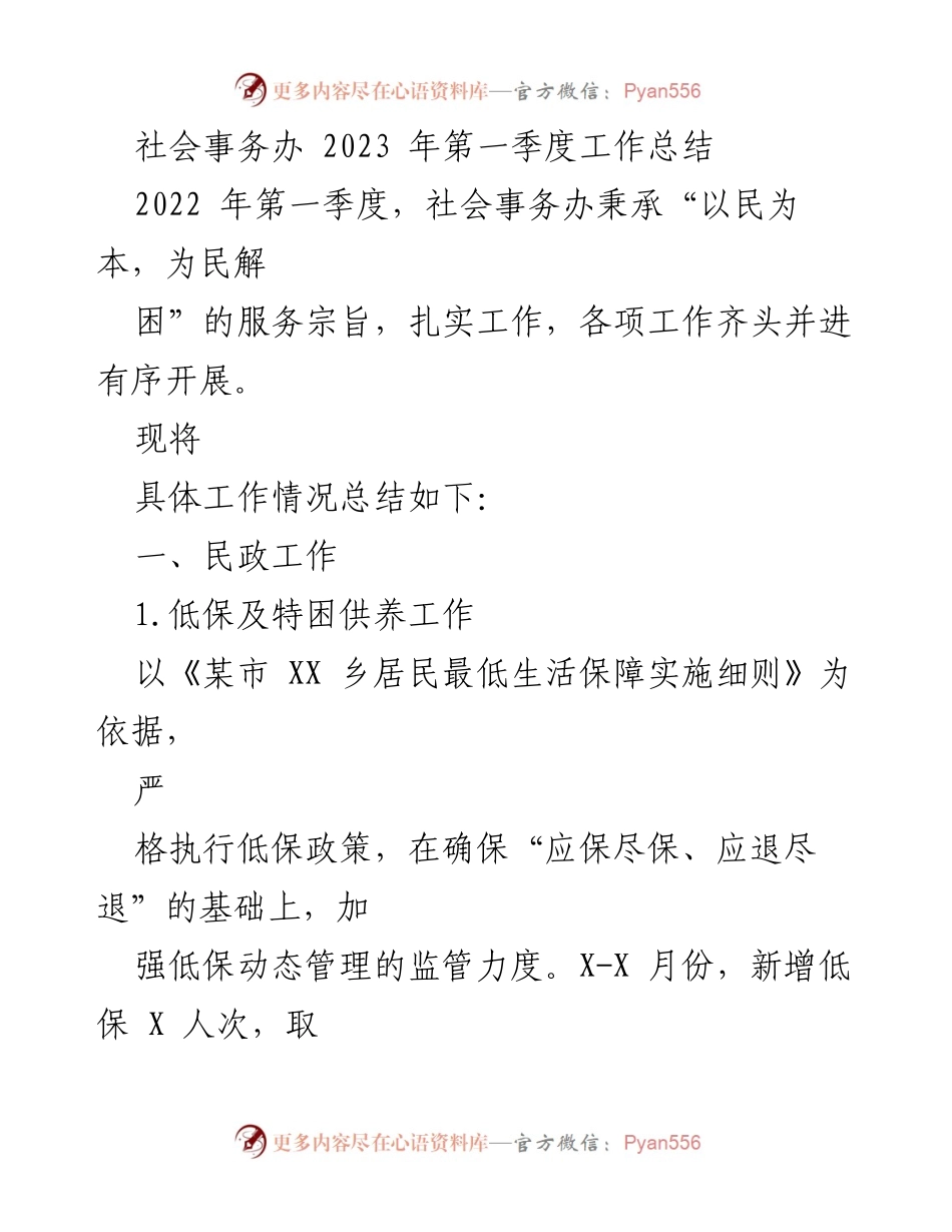 [工作总结] 社会事务办 - 2023年第一季度民政工作回顾与总结.docx_第1页