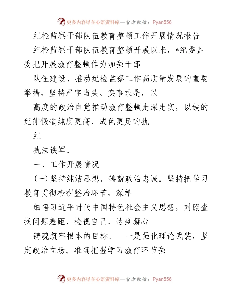 [工作总结] 纪检监察干部队伍教育整顿 - 纪检监察干部队伍教育整顿工作开展情况报告_1.docx_第1页
