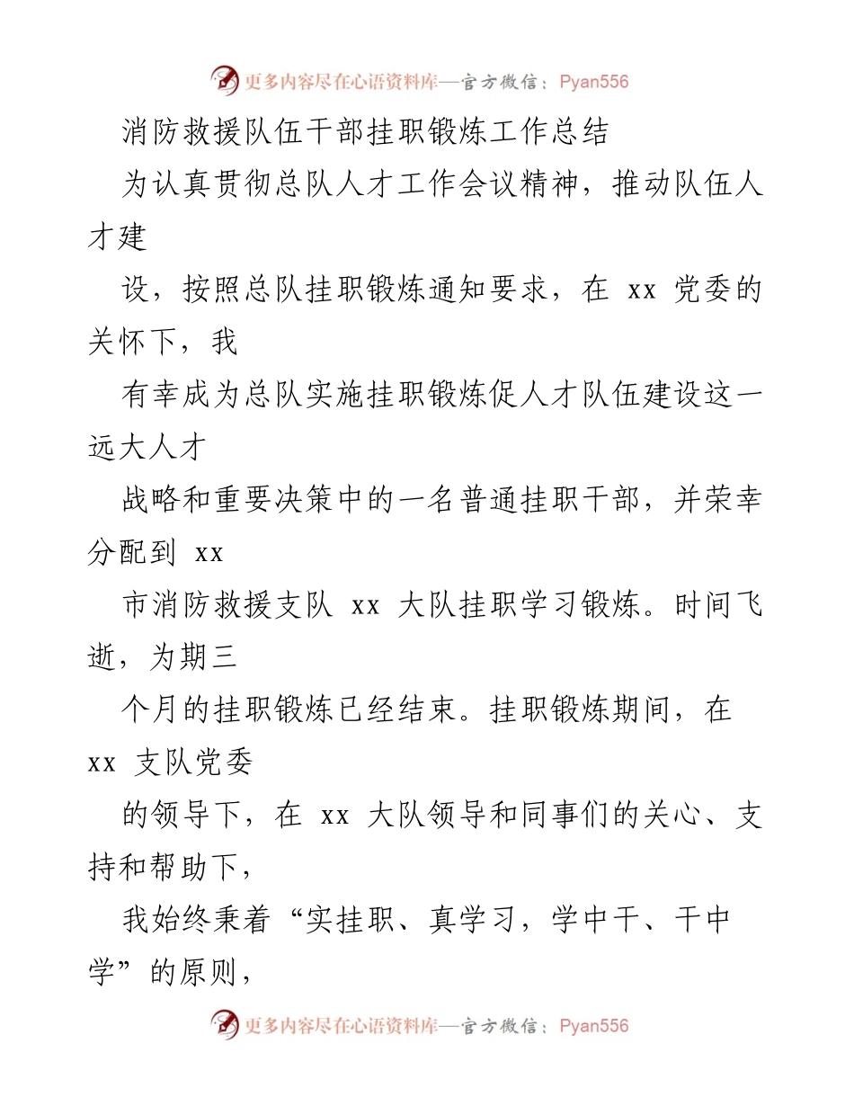 [工作总结] 消防救援队伍 - 消防救援队伍干部挂职锻炼工作总结.docx_第1页