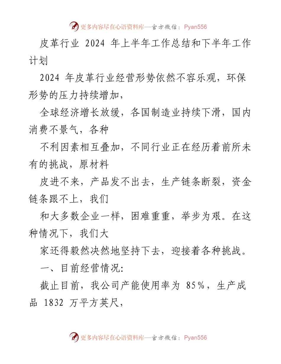 [工作总结] 皮革行业 - 2024年上半年工作总结与下半年工作计划.docx_第1页