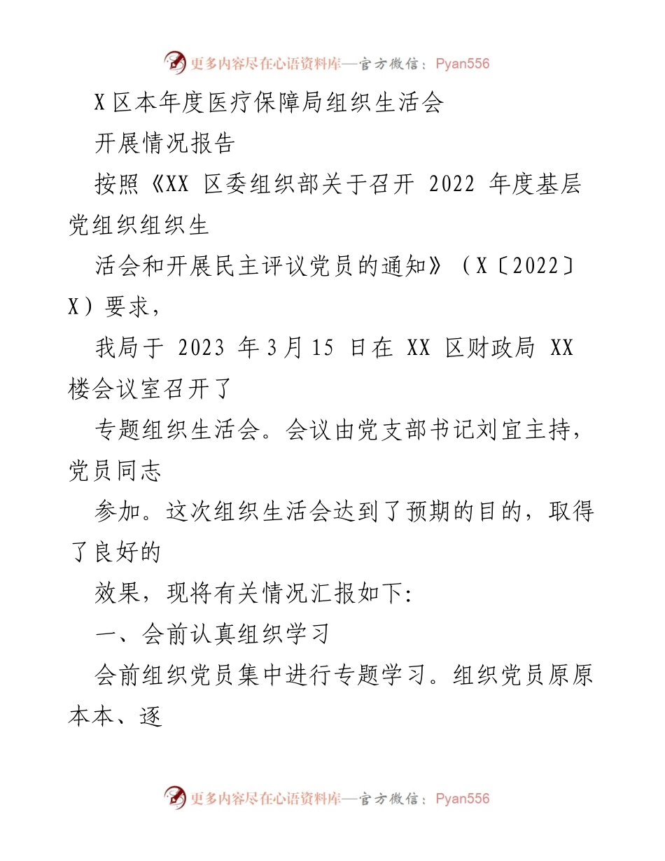 [工作总结] 组织生活会 - X区医疗保障局2023年组织生活会开展情况总结.docx_第1页