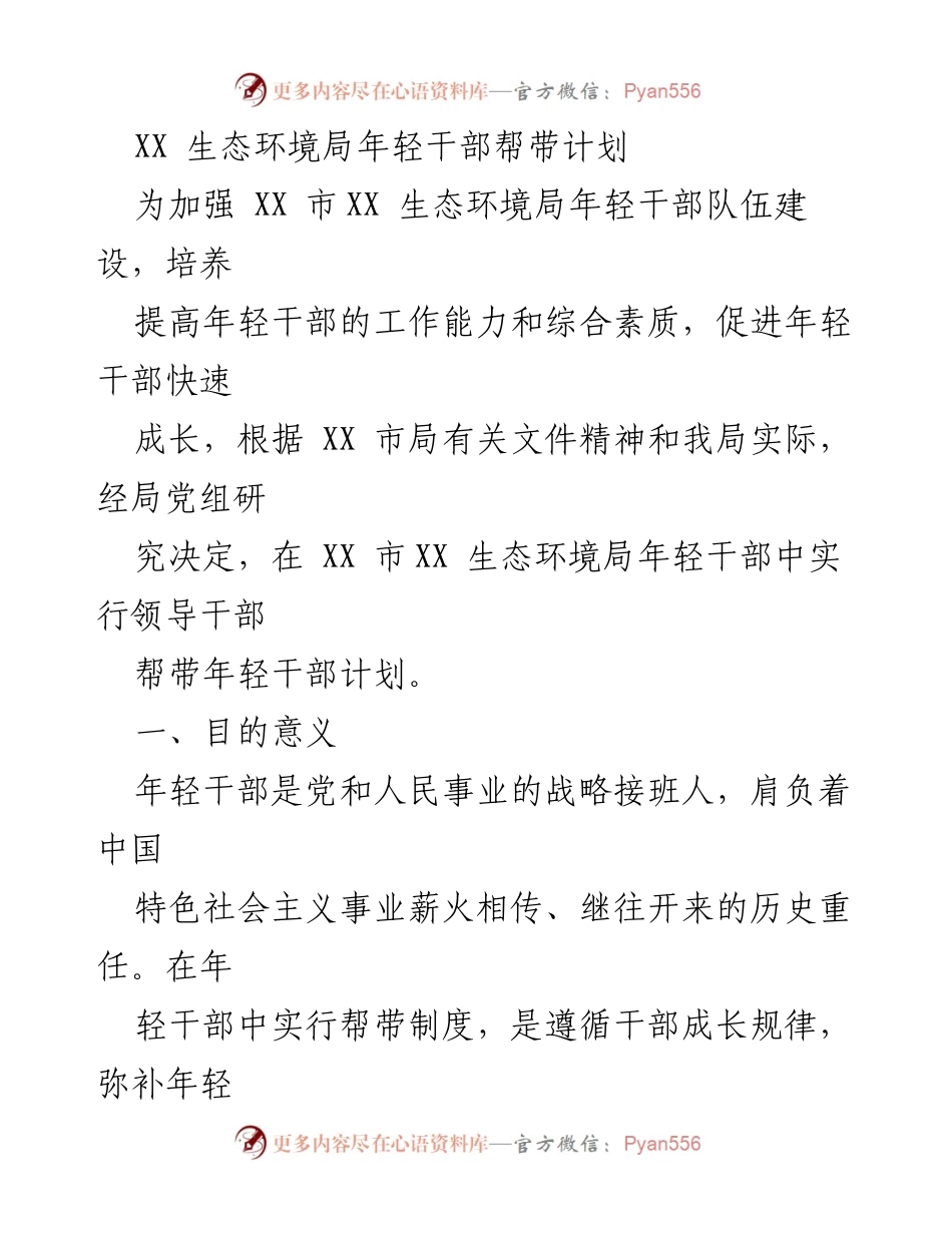 [工作总结] 生态环境局 - 年轻干部帮带计划实施方案.docx_第1页