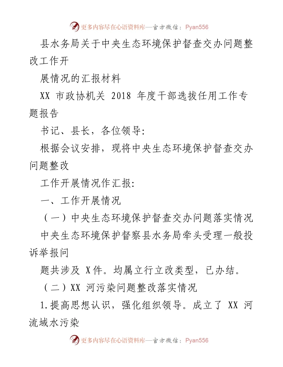 [工作总结] 水务整改 - 中央生态环境保护督查整改工作开展情况汇报.docx_第1页