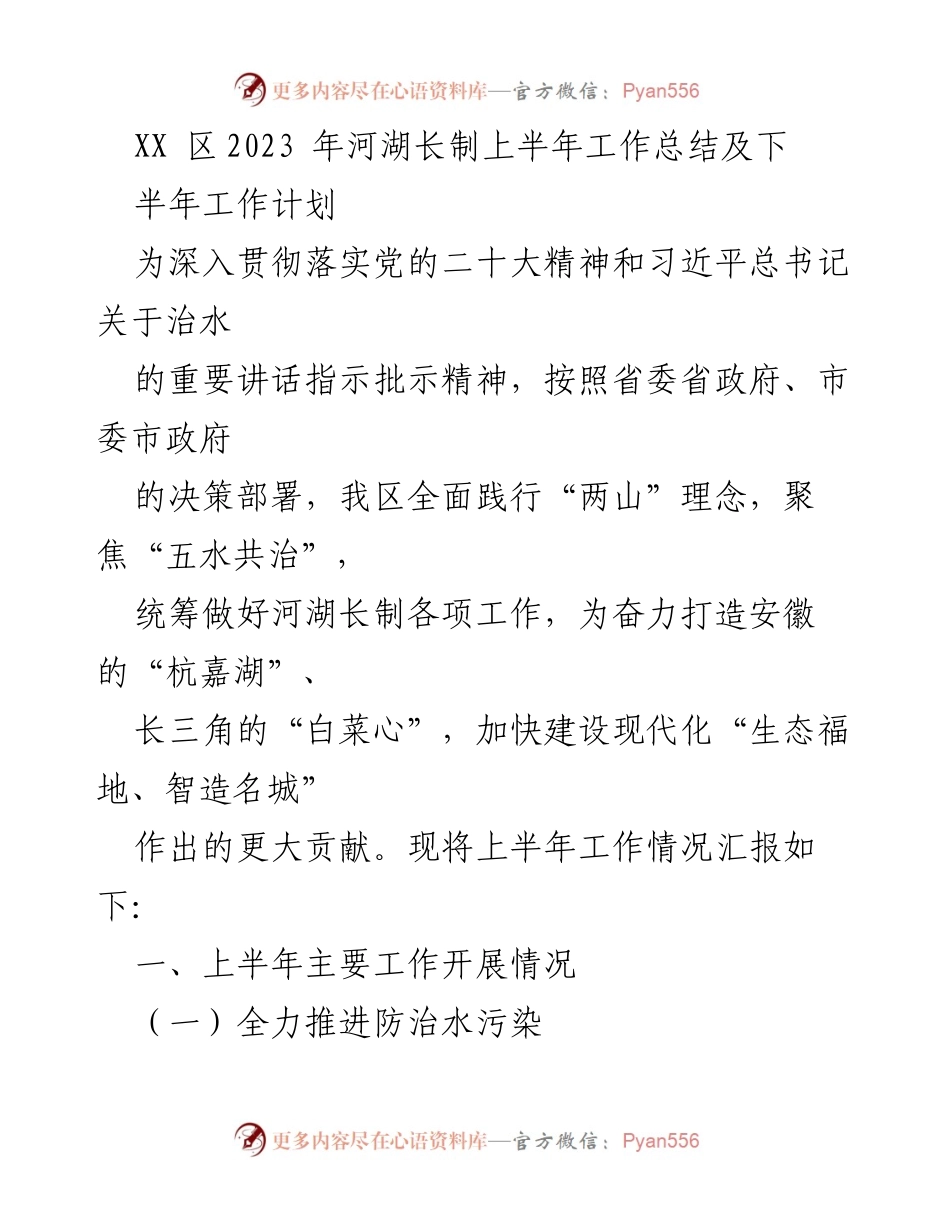 [工作总结] 河湖长制工作 - XX区2023年河湖长制上半年工作总结及下半年工作计划.docx_第1页