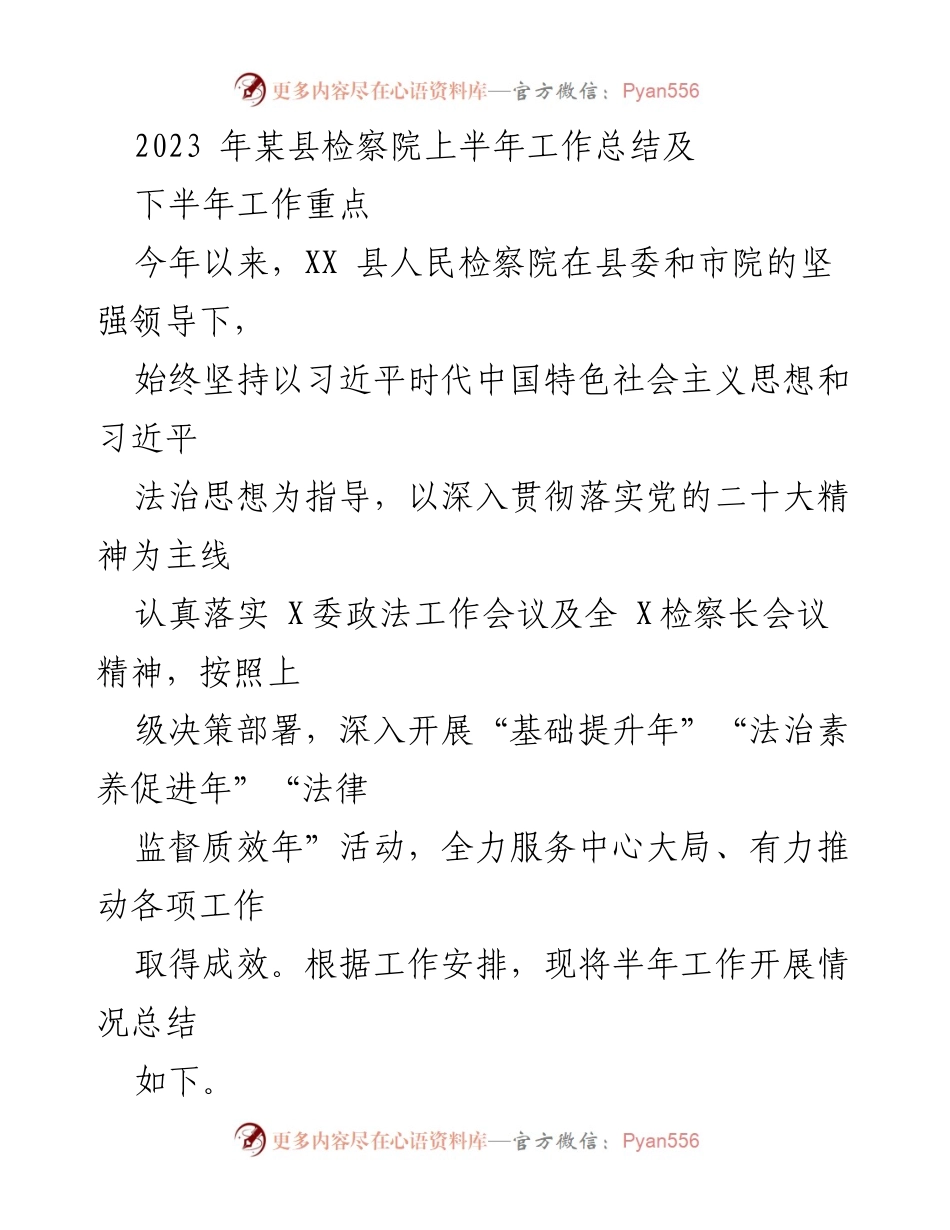 [工作总结] 检察院 - 2023年上半年检察工作总结及下半年重点工作安排.docx_第1页