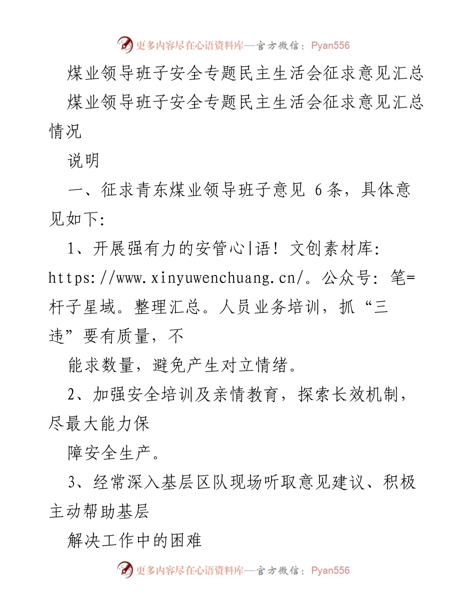 [工作总结] 煤业领导班子安全专题民主生活会 - 征求意见汇总及改进建议.docx_第1页