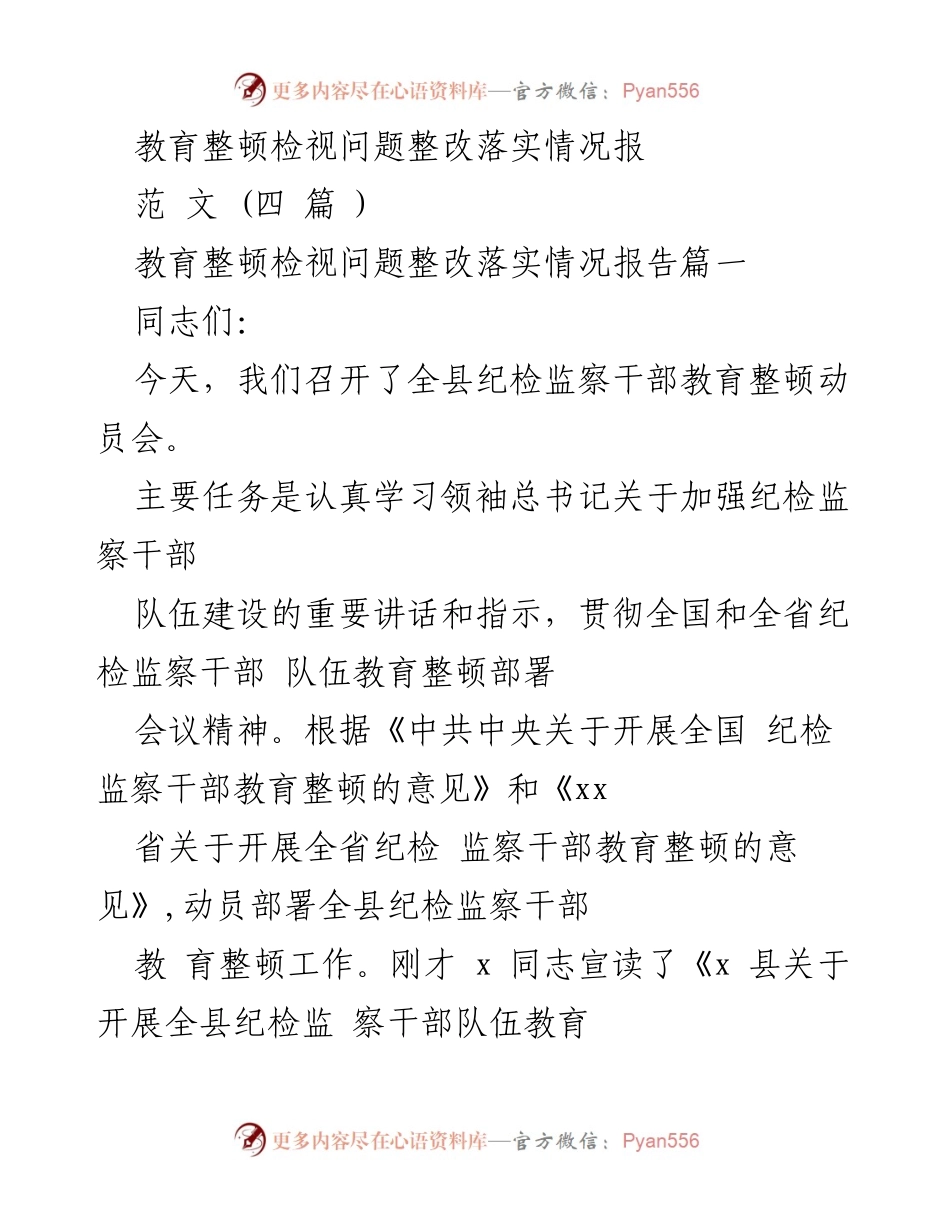 [工作总结] 纪检监察干部教育整顿动员会 - 教育整顿检视问题整改落实情况报告.docx_第1页