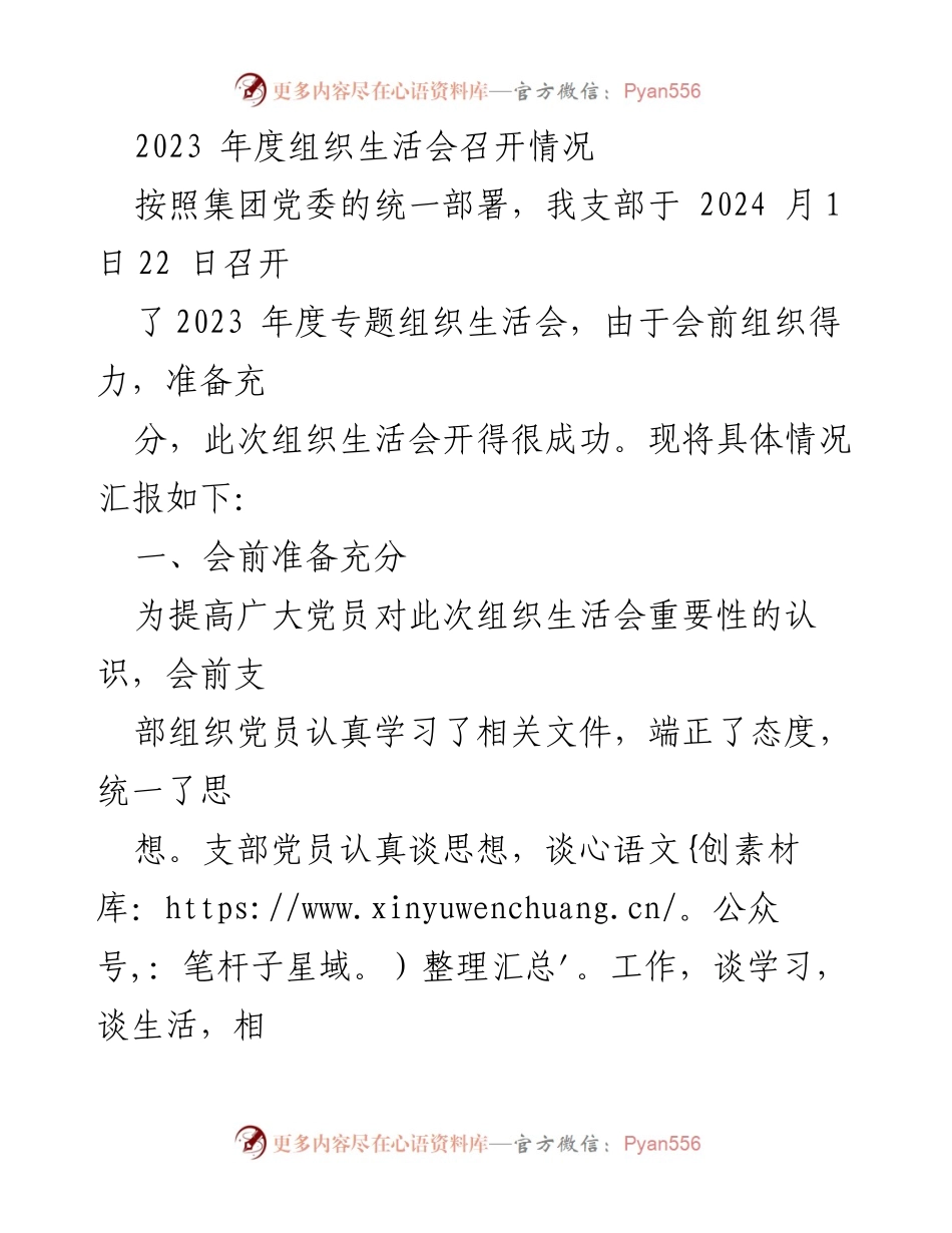 [工作总结] 组织生活会 - 2023年度组织生活会总结报告.docx_第1页