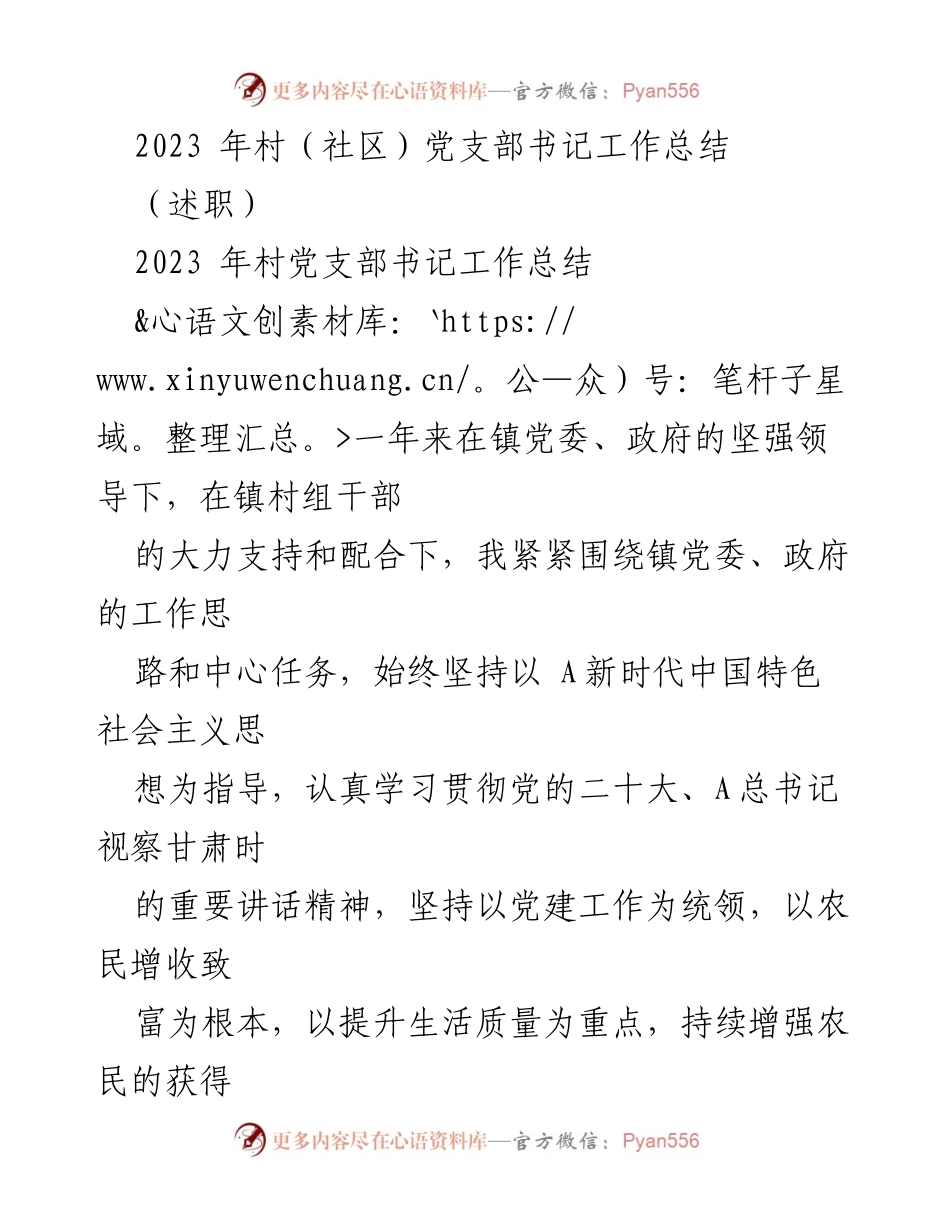 [工作总结] 村（社区）党支部 - 2023年村党支部书记工作总结报告.docx_第1页