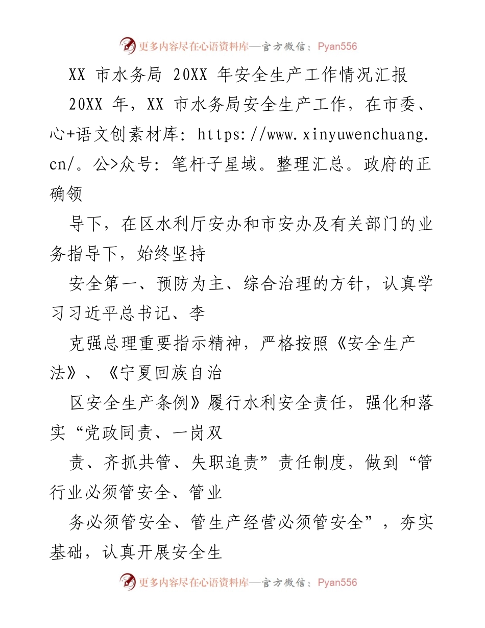 [工作总结] 水务局 - XX市水务局20XX年安全生产工作情况汇报.docx_第1页