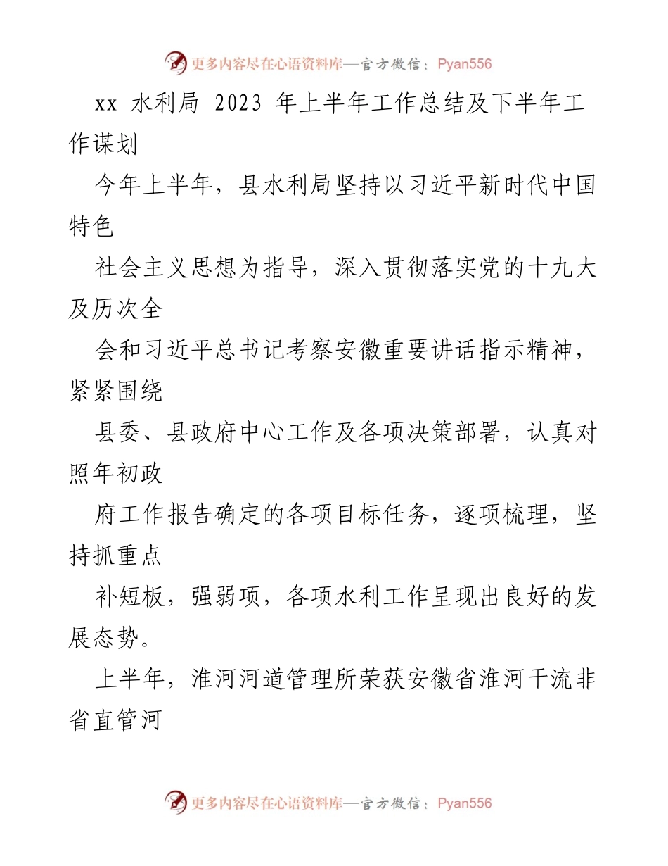 [工作总结] 水利局 - 2023年上半年水利工作总结与下半年谋划.docx_第1页