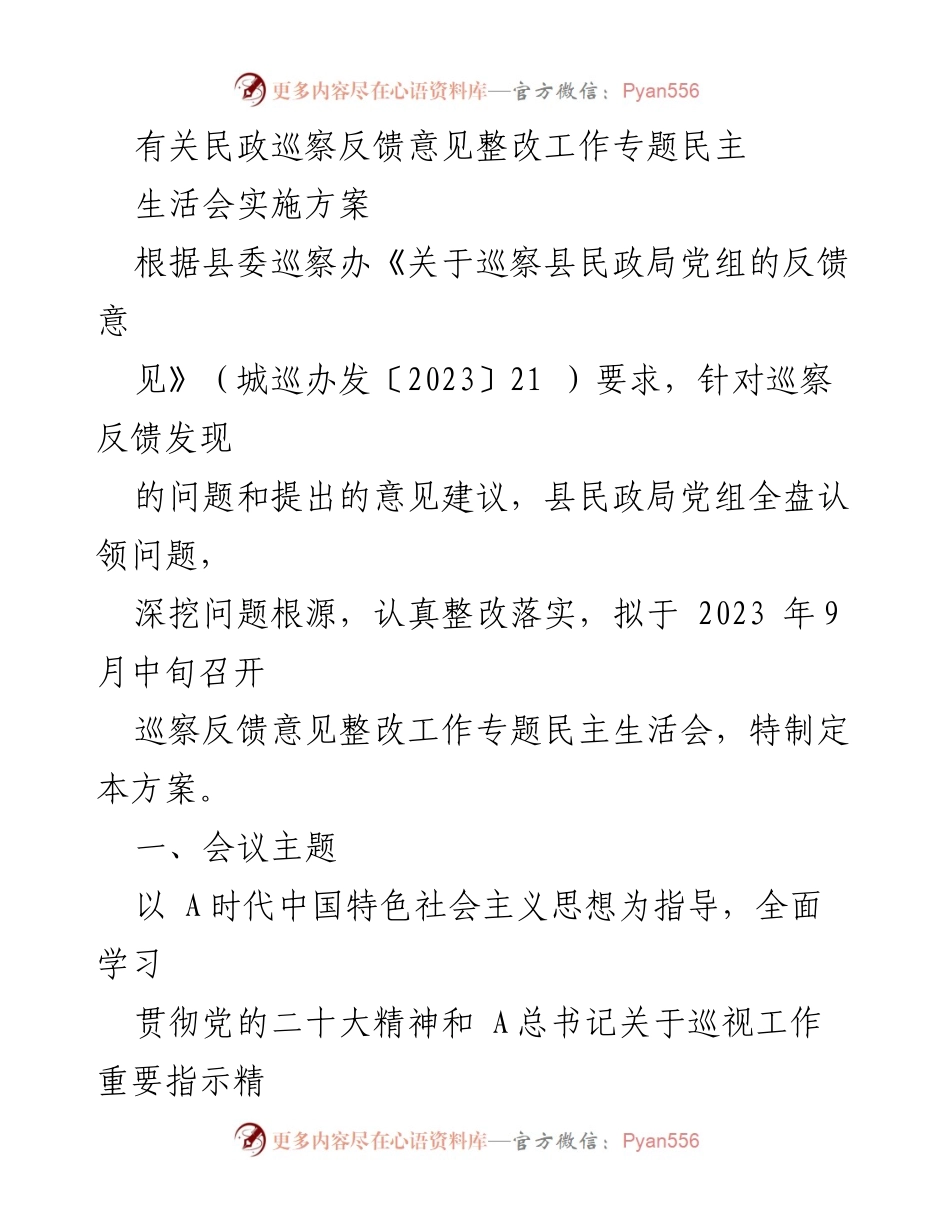 [工作总结] 民政局党组 - 民政巡察反馈意见整改专题民主生活会实施方案.docx_第1页