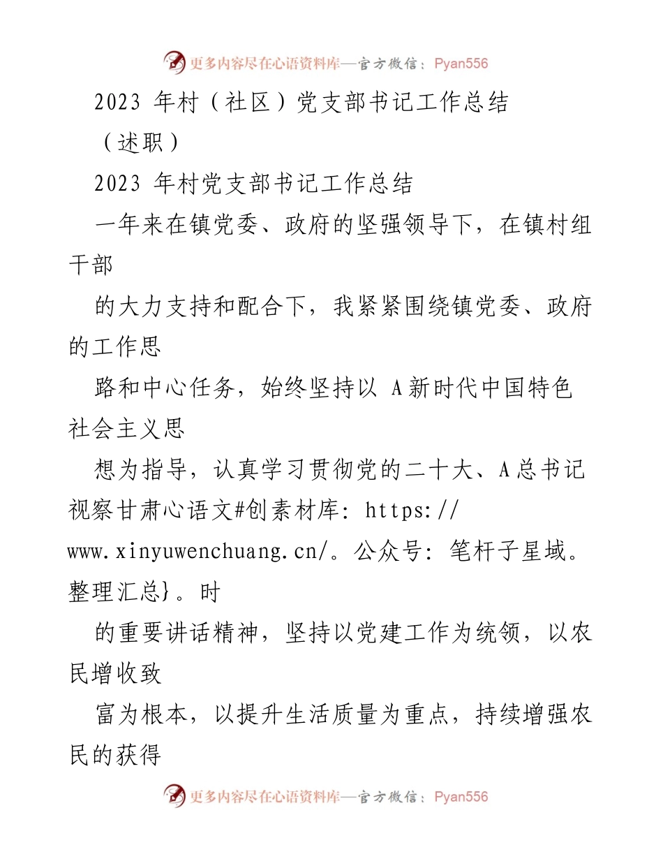 [工作总结] 村（社区）党支部 - 2023年村党支部书记工作总结与述职报告.docx_第1页