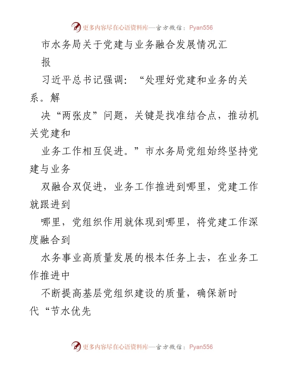 [工作总结] 水务局党建与业务融合 - 市水务局党建与业务融合发展情况汇报.docx_第1页