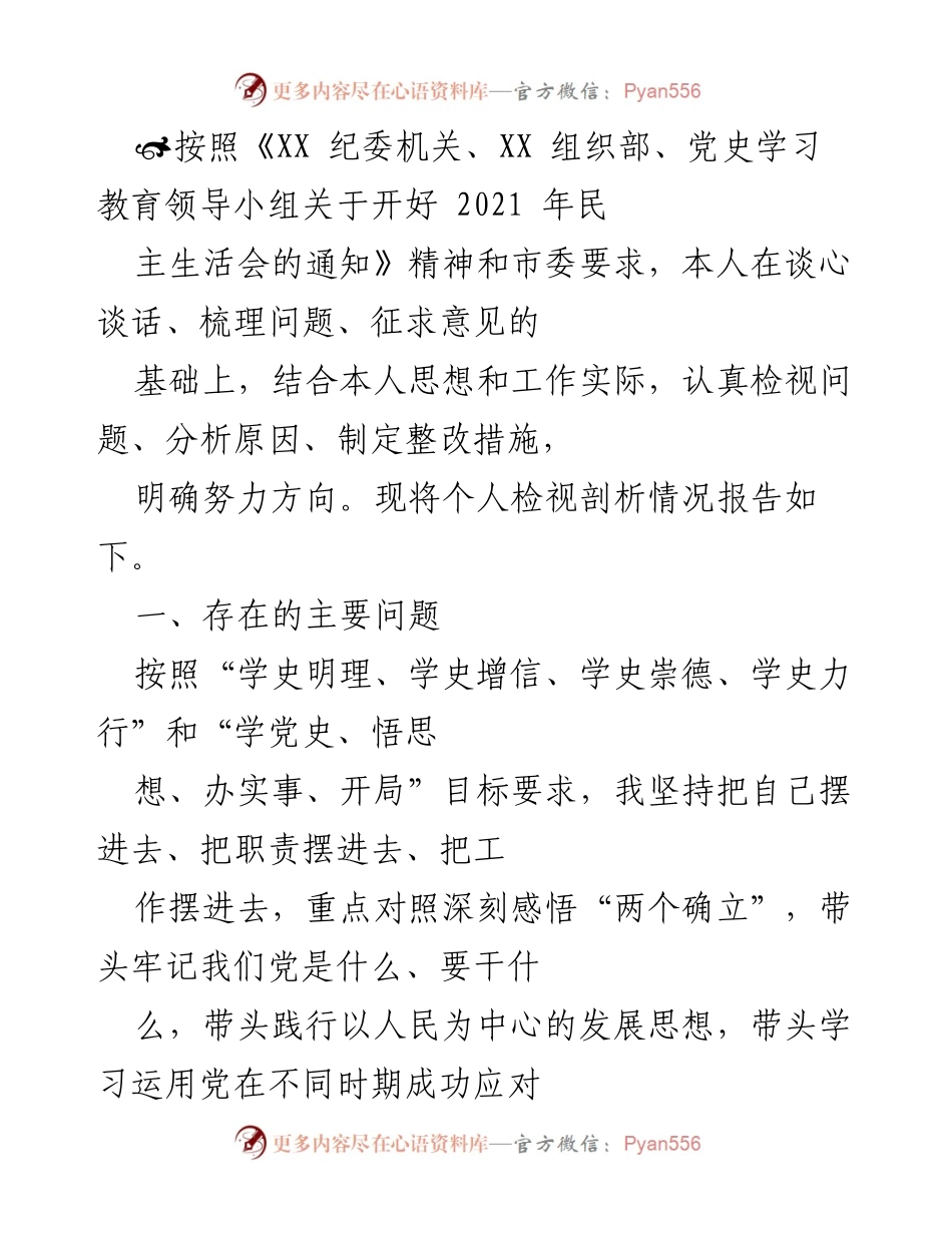 [工作总结] 民主生活会 - 个人检视剖析情况报告.docx_第1页