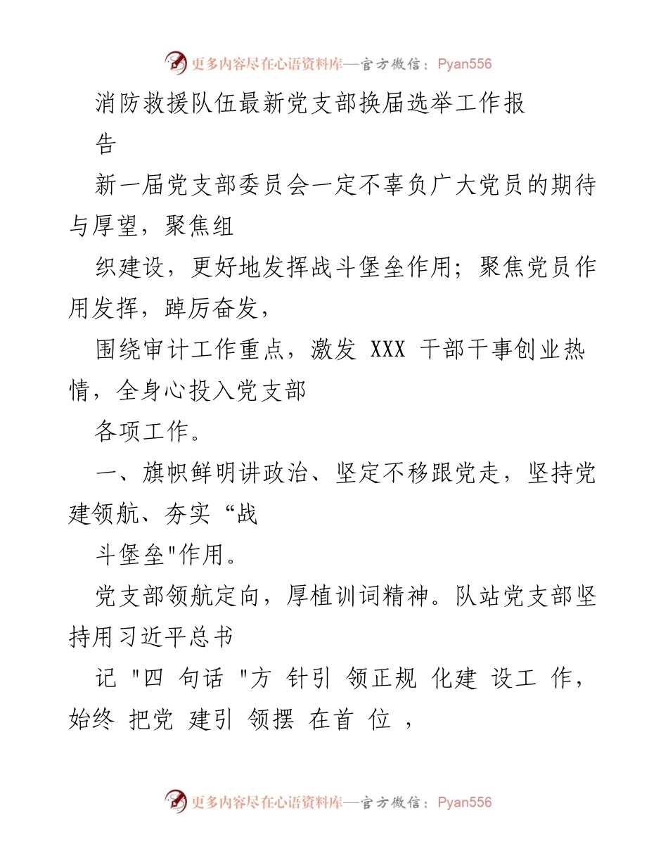 [工作总结] 消防救援队伍 - 消防救援队伍党支部换届选举工作总结报告.docx_第1页